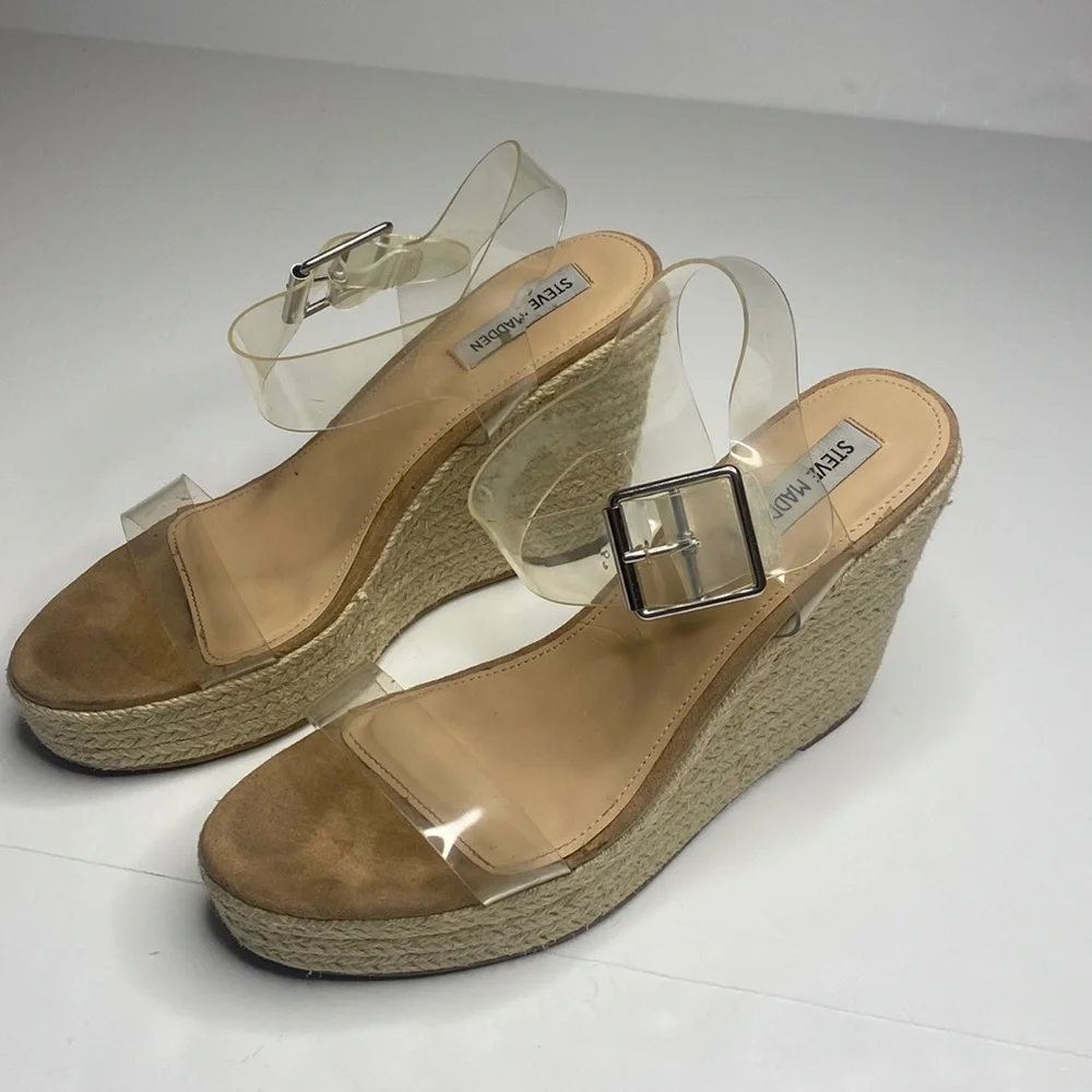 Steve Madden Womens Clear Strap Wedge Heels Open Toe Espadrille Sandals Size 10